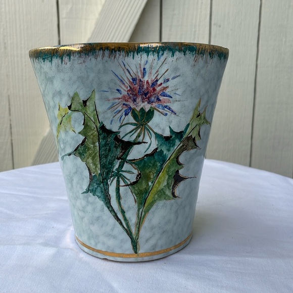 Sesto Fiorentino Other - Antique Italian Majolica Sesto Fiorentino Blue Sponge Gold Thistle Vase